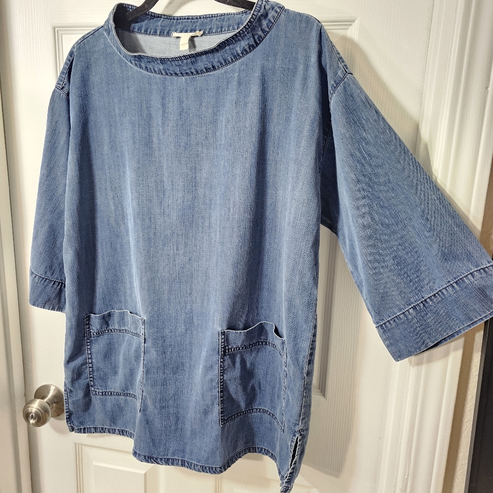 EILEEN FISHER Size Small Blue Boatneck Denim 3/4 Sleeve Top With Pockets - Picture 4 of 16